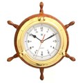 Bey Berk International Bey-Berk International SQ509 Lacquered Brass Porthole Quartz Clock with Ships Wheel in Oak Wood & Gold SQ509